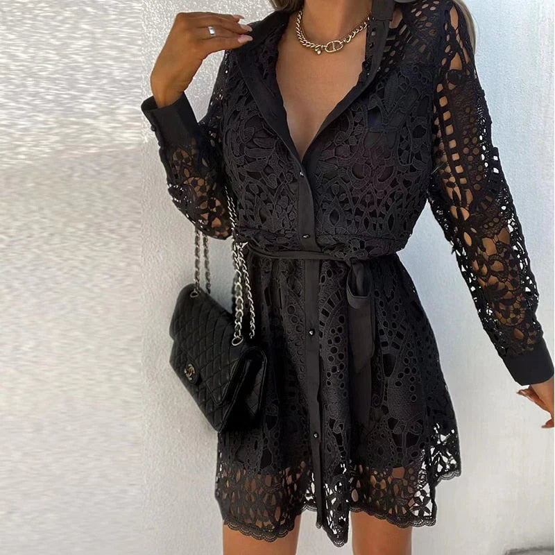 Vestido Dionne De Encaje Para Mujer – Vestido Elegante Con Mangas Largas Y Escote En V