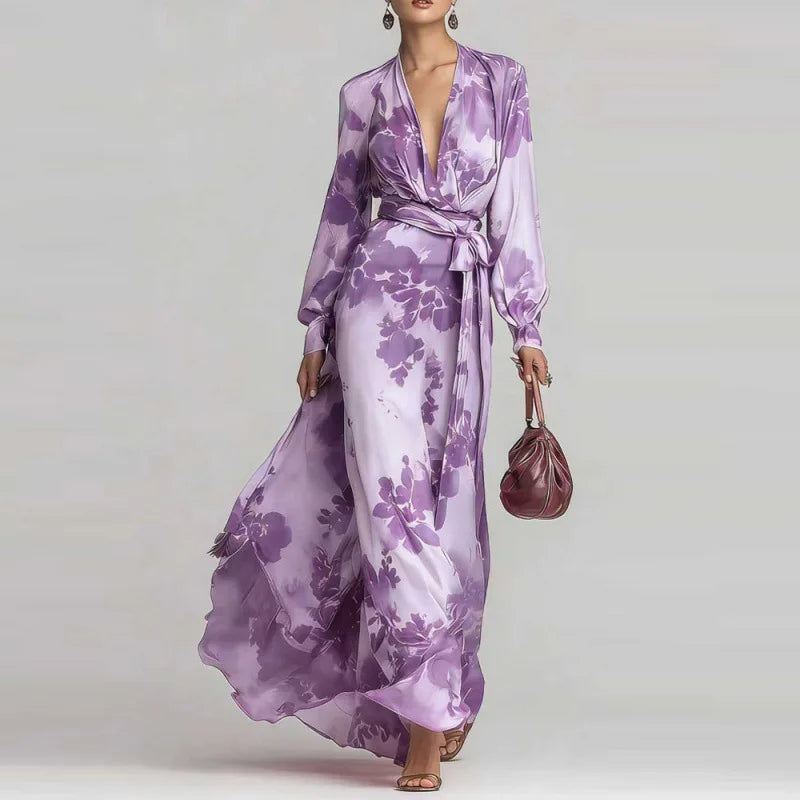 VESTIDO MAXI BOÉMIO MULHER DECOTE EM V COM CINTO