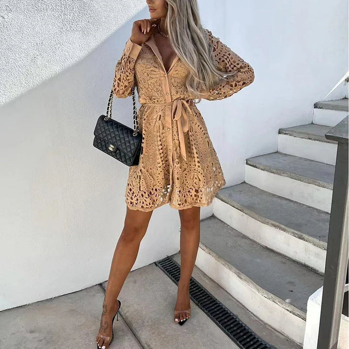 Vestido Dionne De Encaje Para Mujer – Vestido Elegante Con Mangas Largas Y Escote En V
