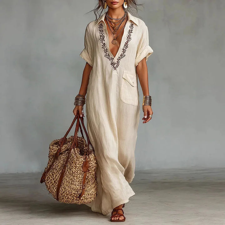 VESTIDO MAXI BOÉMIO MULHER DECOTE EM V ESTAMPADO