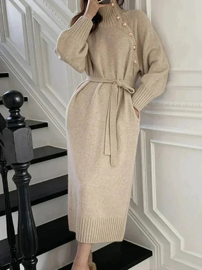 VESTIDO JERSEY ELEGANTE DE GOLA ALTA COM BOTÕES E CINTO MULHER - OUTONO E INVERNO