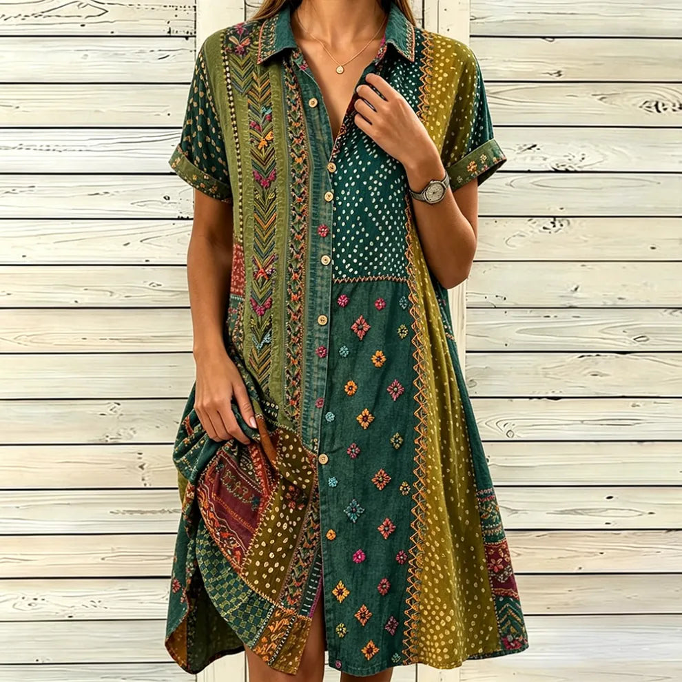 Vestido camisero de lino boho vintage con patchwork artístico