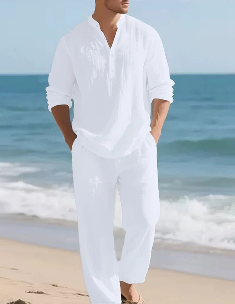 Conjunto Henley De Lino Para Hombre Con Pantalones Relajados