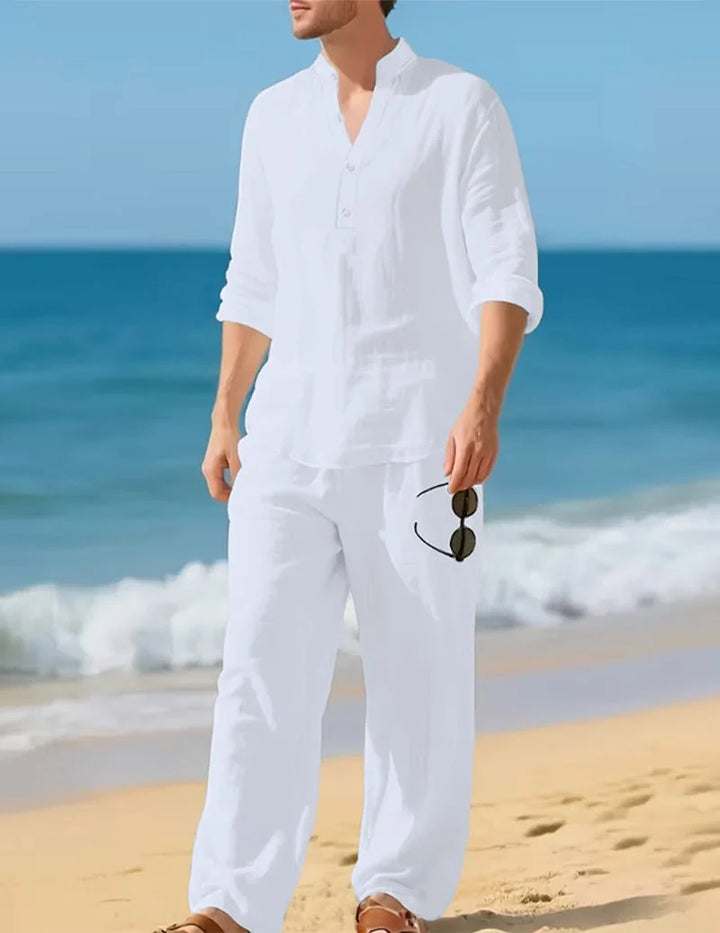 Conjunto Henley De Lino Para Hombre Con Pantalones Relajados