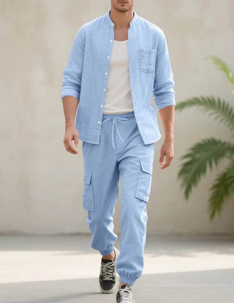 Conjunto De Lino Masculino Con Pantalones Cargo Y Camisa Con Cuello Mao