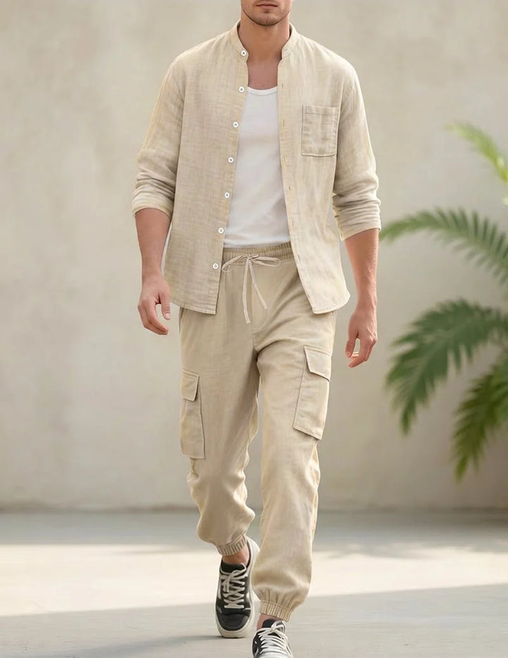 Conjunto De Lino Masculino Con Pantalones Cargo Y Camisa Con Cuello Mao