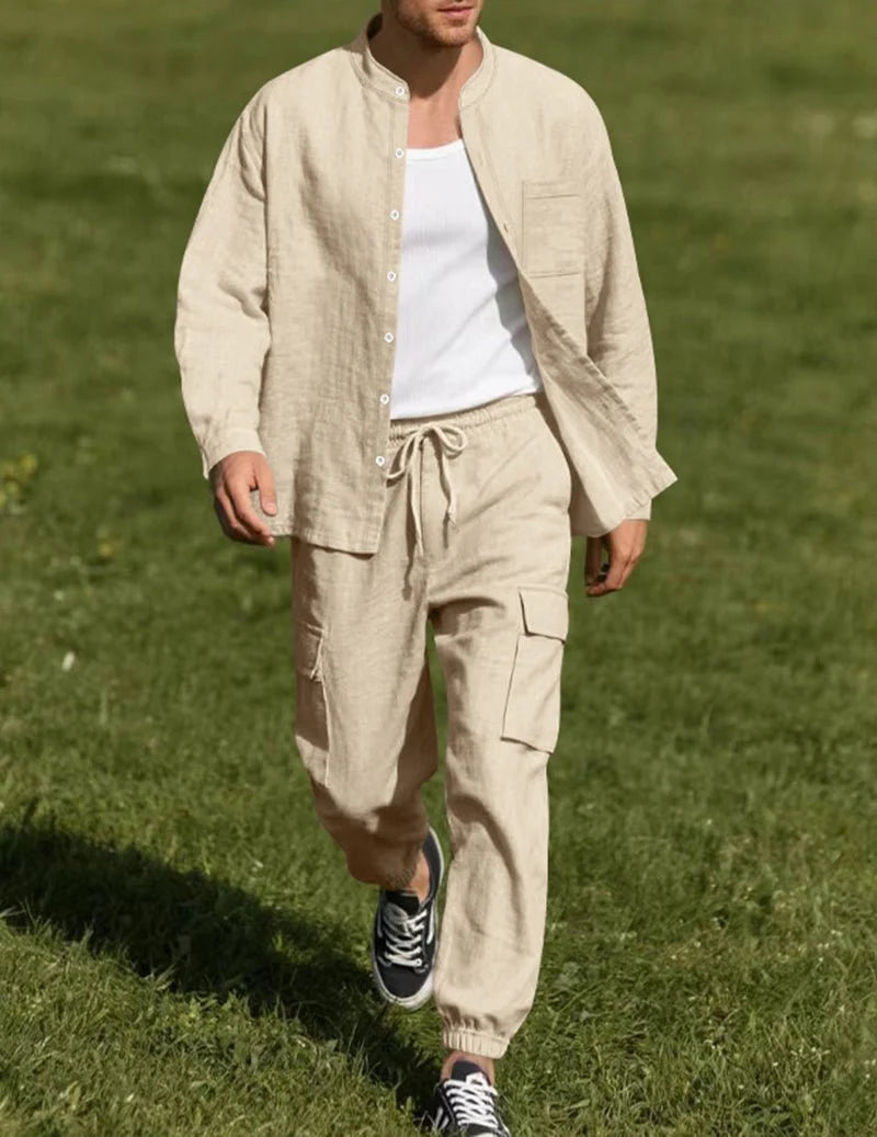Conjunto De Lino Masculino Con Pantalones Cargo Y Camisa Con Cuello Mao