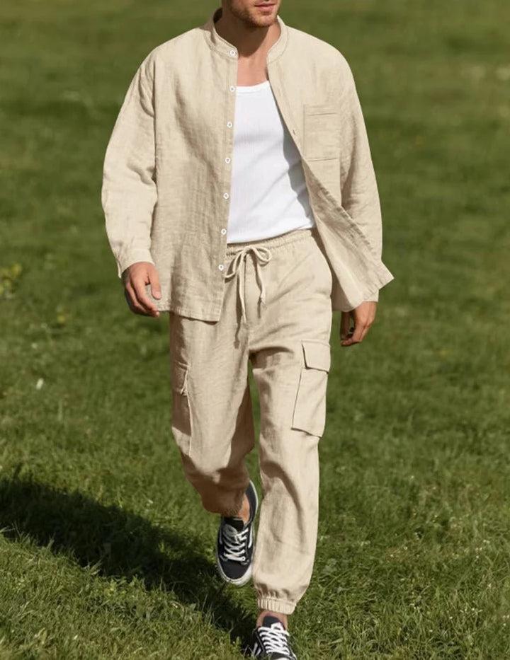 Conjunto De Lino Masculino Con Pantalones Cargo Y Camisa Con Cuello Mao