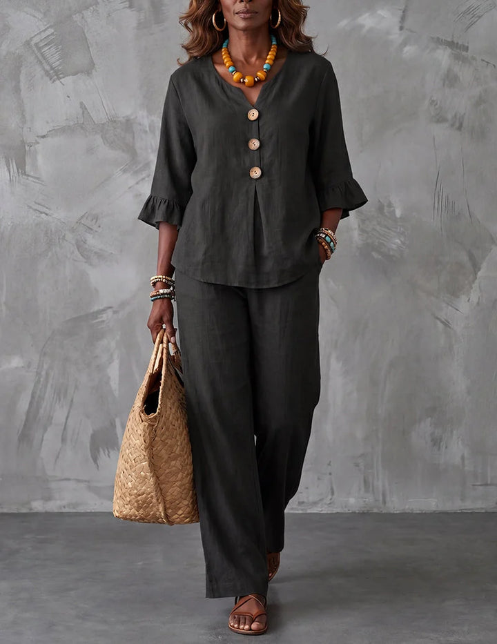 Ruffle Sleeve Top And Wide Leg Pants Set
