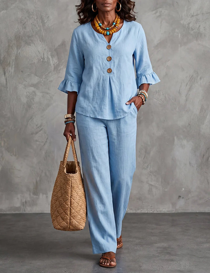 Ruffle Sleeve Top And Wide Leg Pants Set