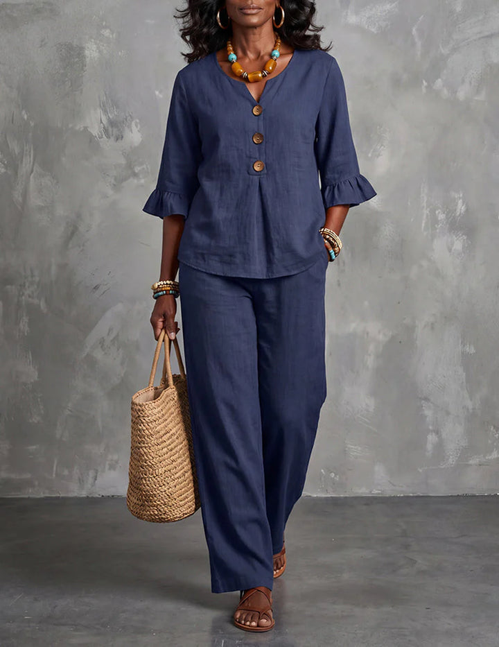 Ruffle Sleeve Top And Wide Leg Pants Set