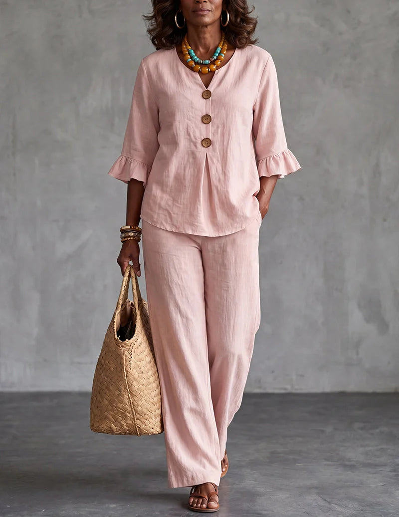 Ruffle Sleeve Top And Wide Leg Pants Set