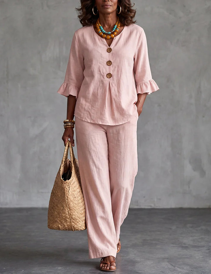 Ruffle Sleeve Top And Wide Leg Pants Set