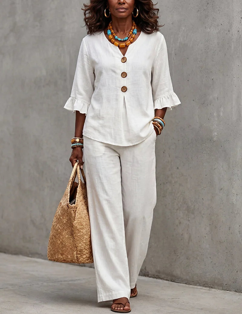 Ruffle Sleeve Top And Wide Leg Pants Set
