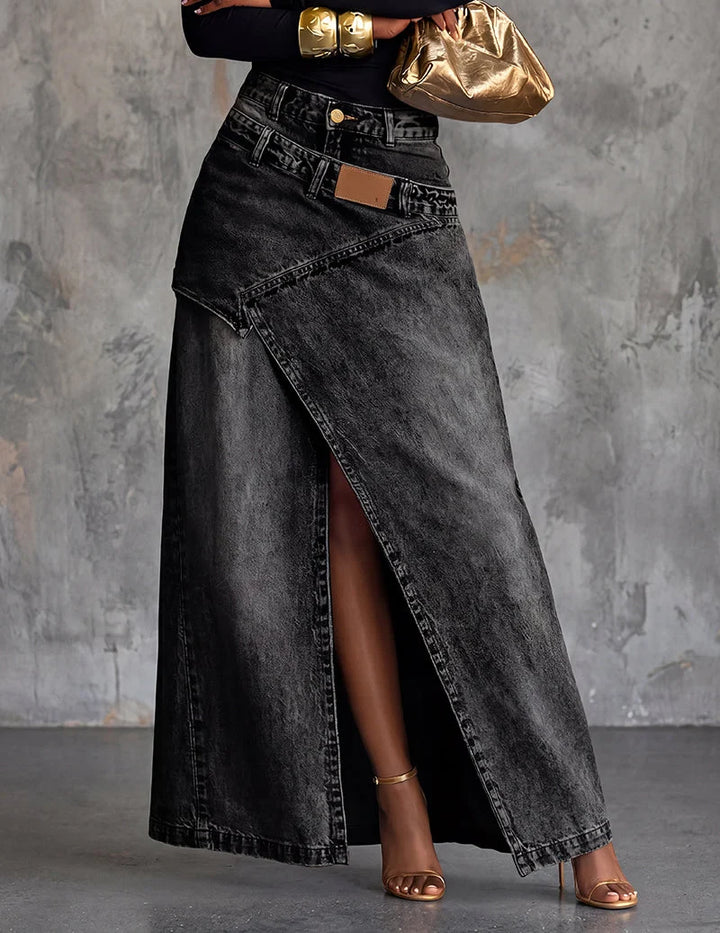 Asymmetric Front Slit Denim Maxi Skirt
