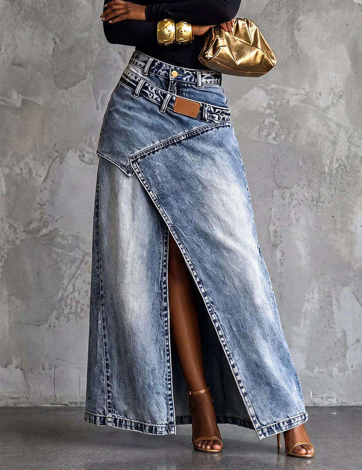 Asymmetric Front Slit Denim Maxi Skirt