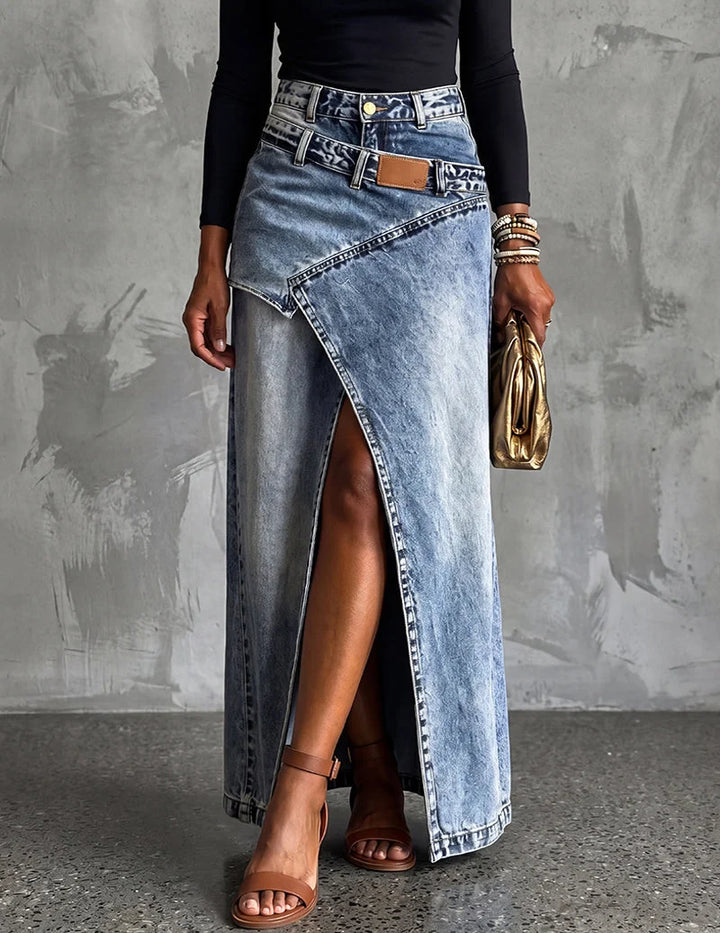 Asymmetric Front Slit Denim Maxi Skirt