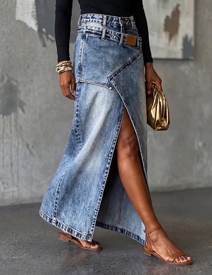 Asymmetric Front Slit Denim Maxi Skirt