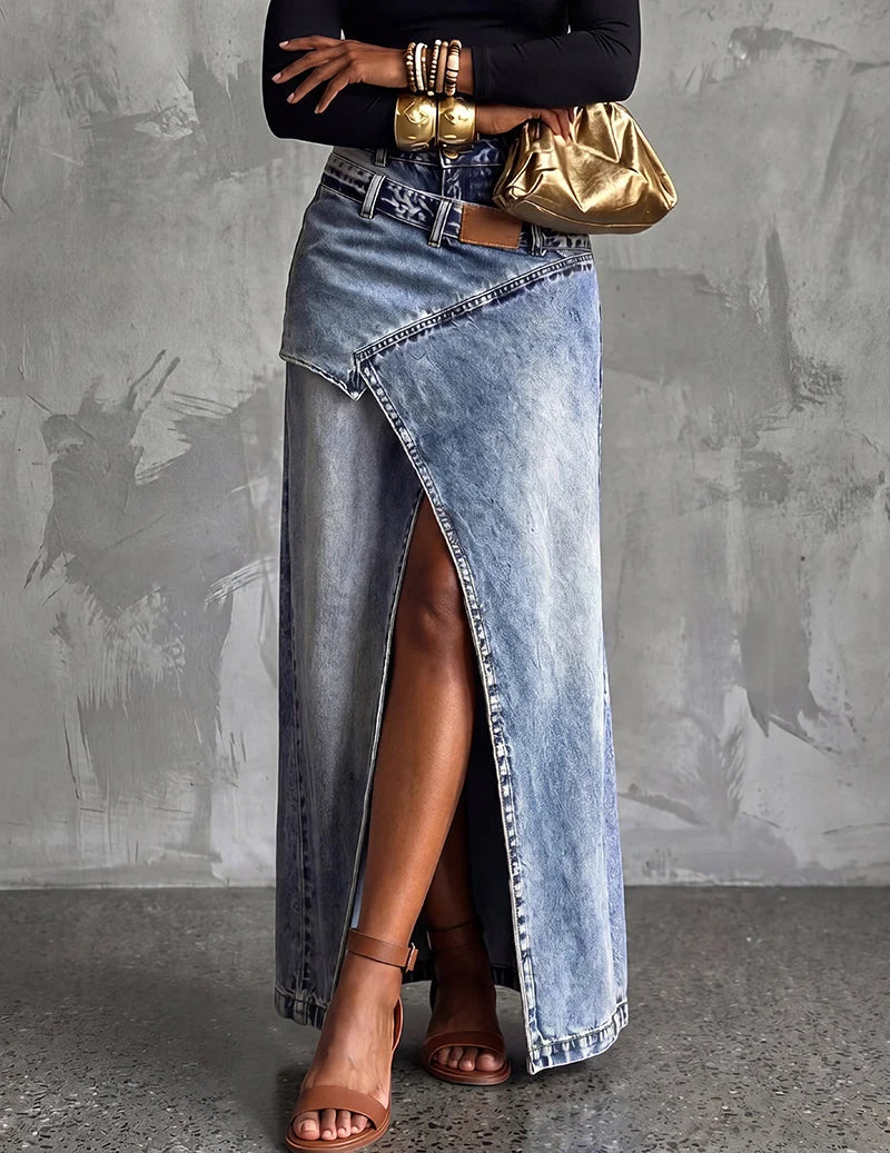 Asymmetric Front Slit Denim Maxi Skirt