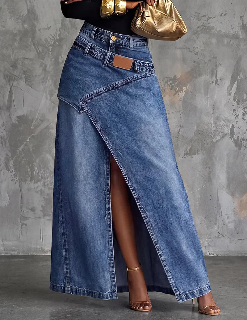 Asymmetric Front Slit Denim Maxi Skirt