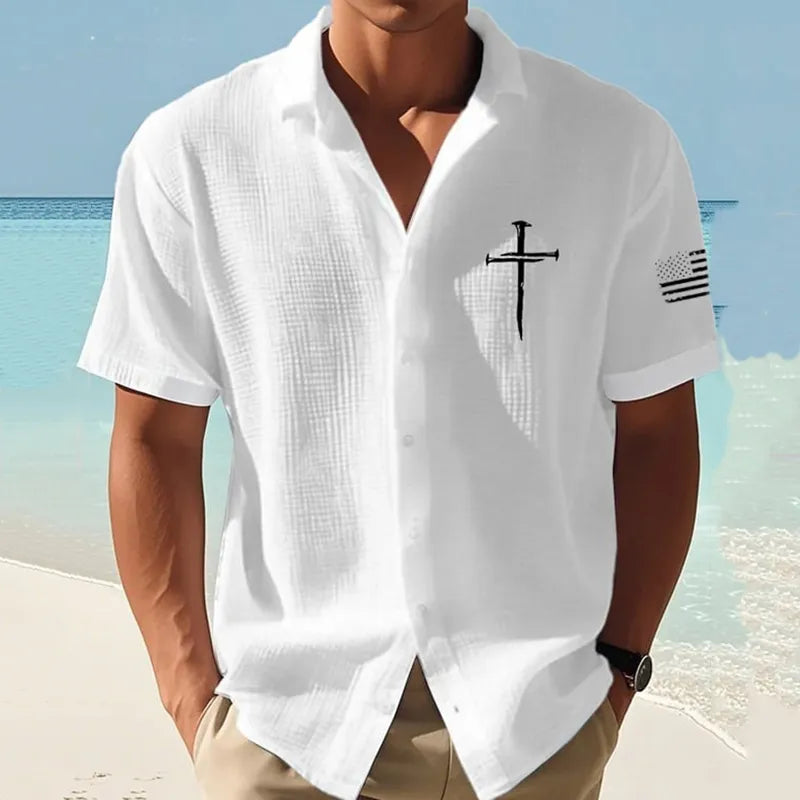 Camisa de lino de manga corta con estampado de cruz fe
