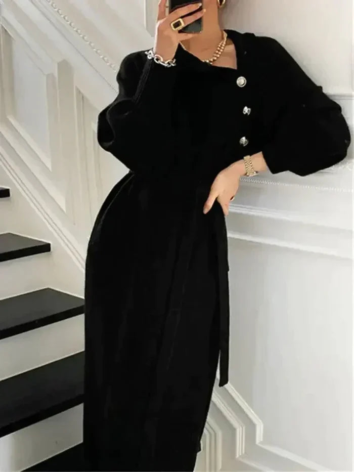 VESTIDO JERSEY ELEGANTE DE GOLA ALTA COM BOTÕES E CINTO MULHER - OUTONO E INVERNO