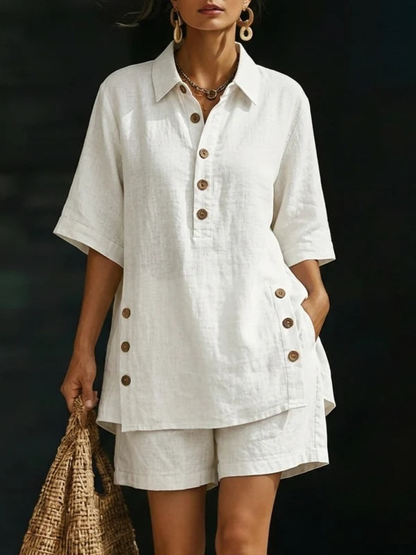 Women's Oversized Linen Shorts Set With Button Detail
