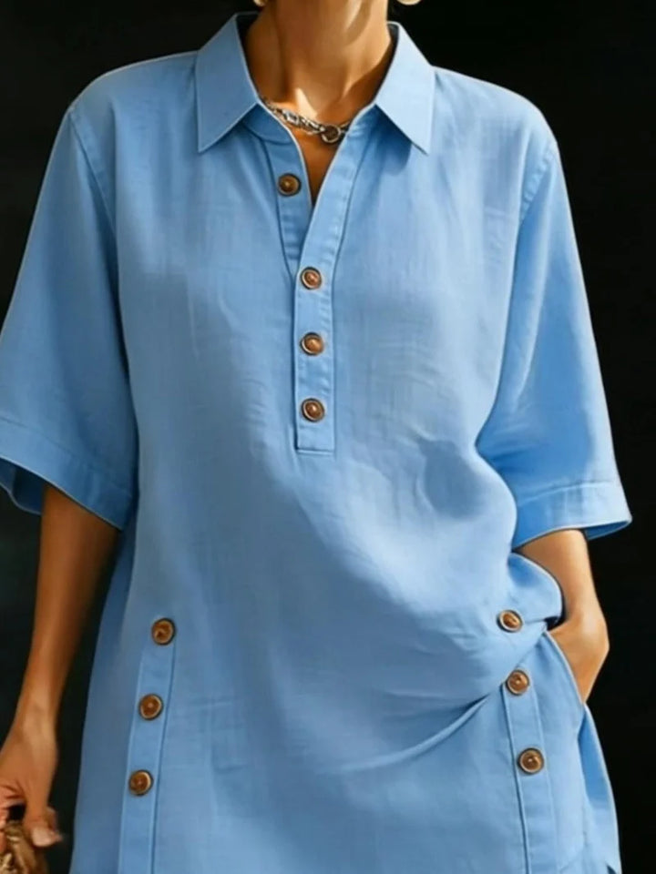 Women's Oversized Linen Shorts Set With Button Detail