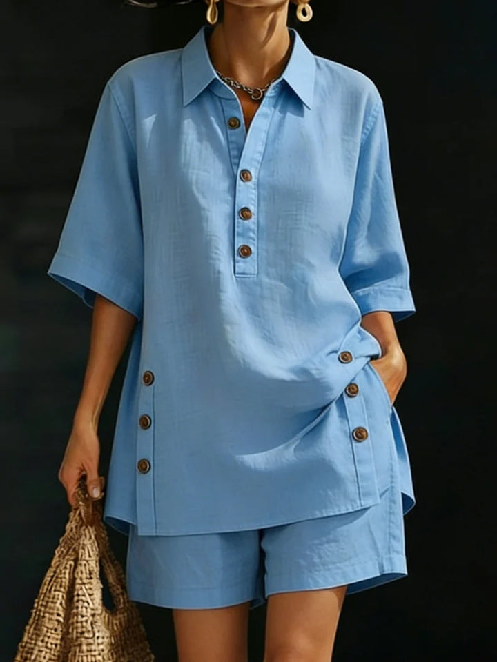 Women's Oversized Linen Shorts Set With Button Detail