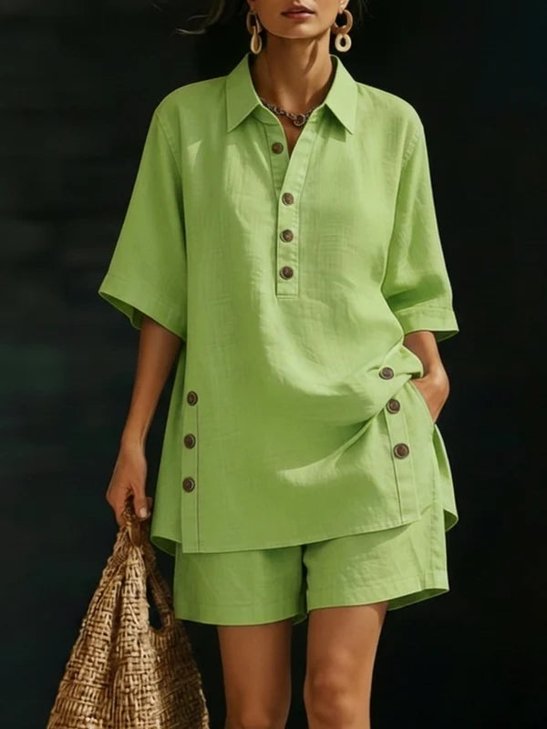 Women's Oversized Linen Shorts Set With Button Detail