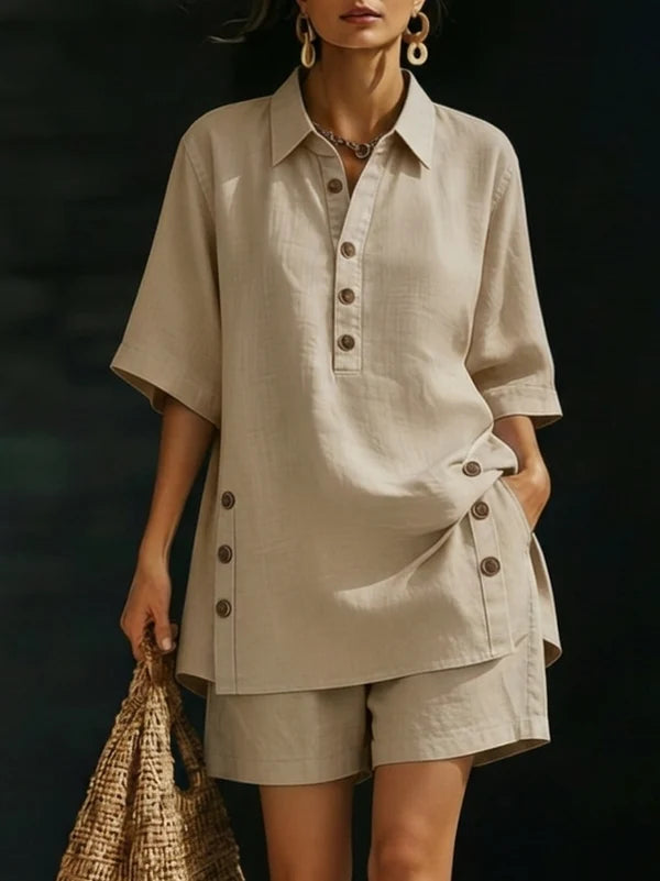 Women's Oversized Linen Shorts Set With Button Detail