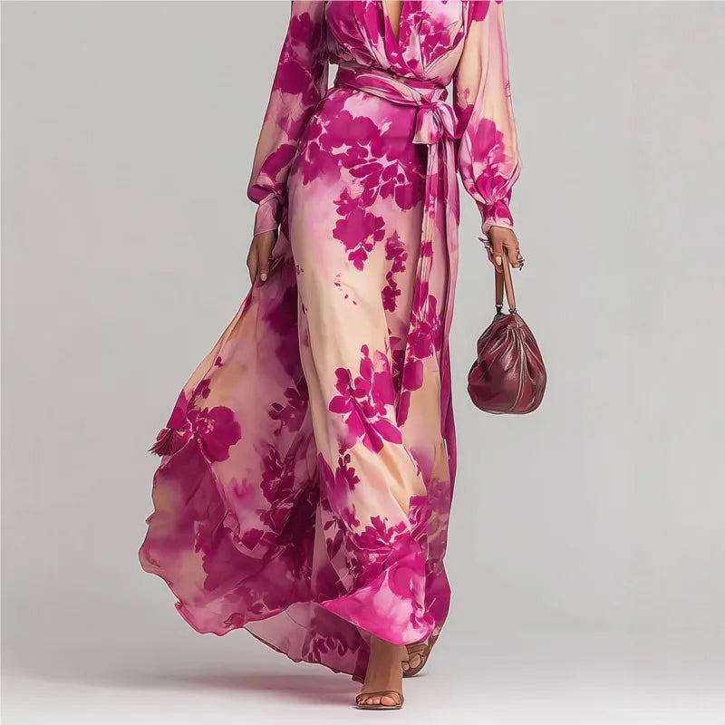 VESTIDO MAXI BOÉMIO MULHER DECOTE EM V COM CINTO
