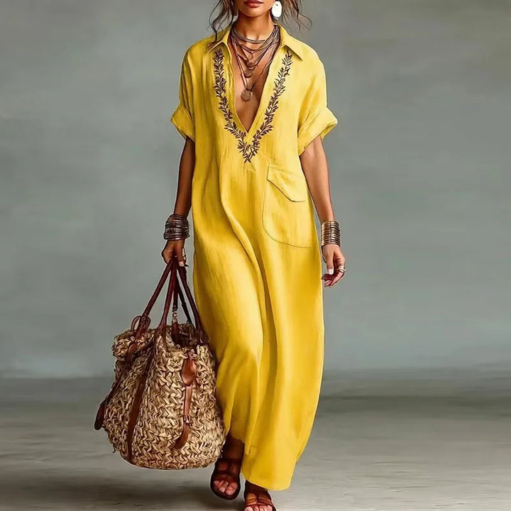 VESTIDO MAXI BOÉMIO MULHER DECOTE EM V ESTAMPADO