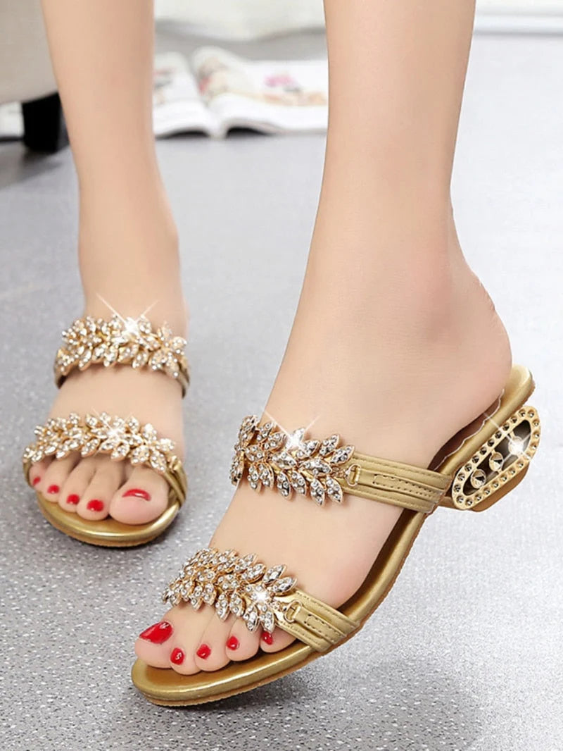 Sandalias De Mujer Con Strass, Sin Cierre, Tacón Bajo, Elegantes, Peep Toe, Chanclas De Verano