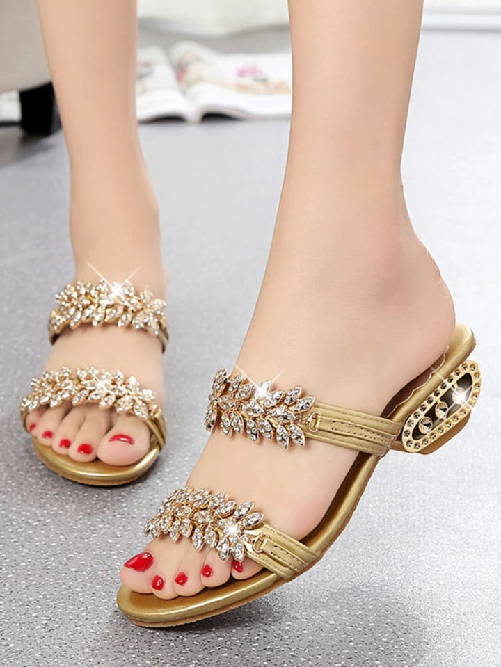 Sandalias De Mujer Con Strass, Sin Cierre, Tacón Bajo, Elegantes, Peep Toe, Chanclas De Verano
