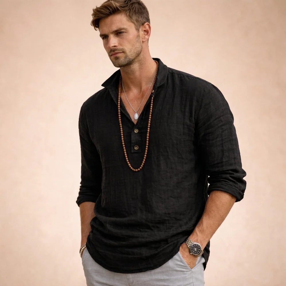 Camisa Henley De Lino Para Hombre Manga Larga Corte Relajado