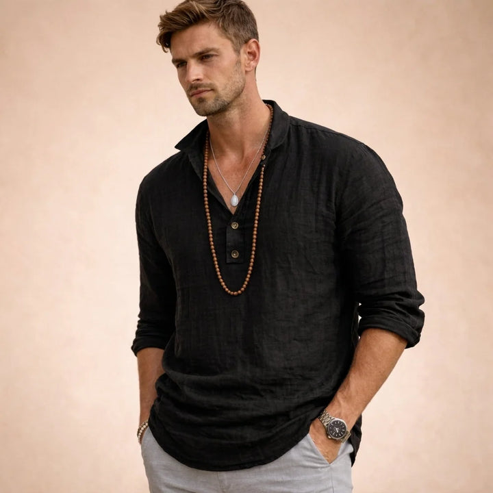 Camisa Henley De Lino Para Hombre Manga Larga Corte Relajado