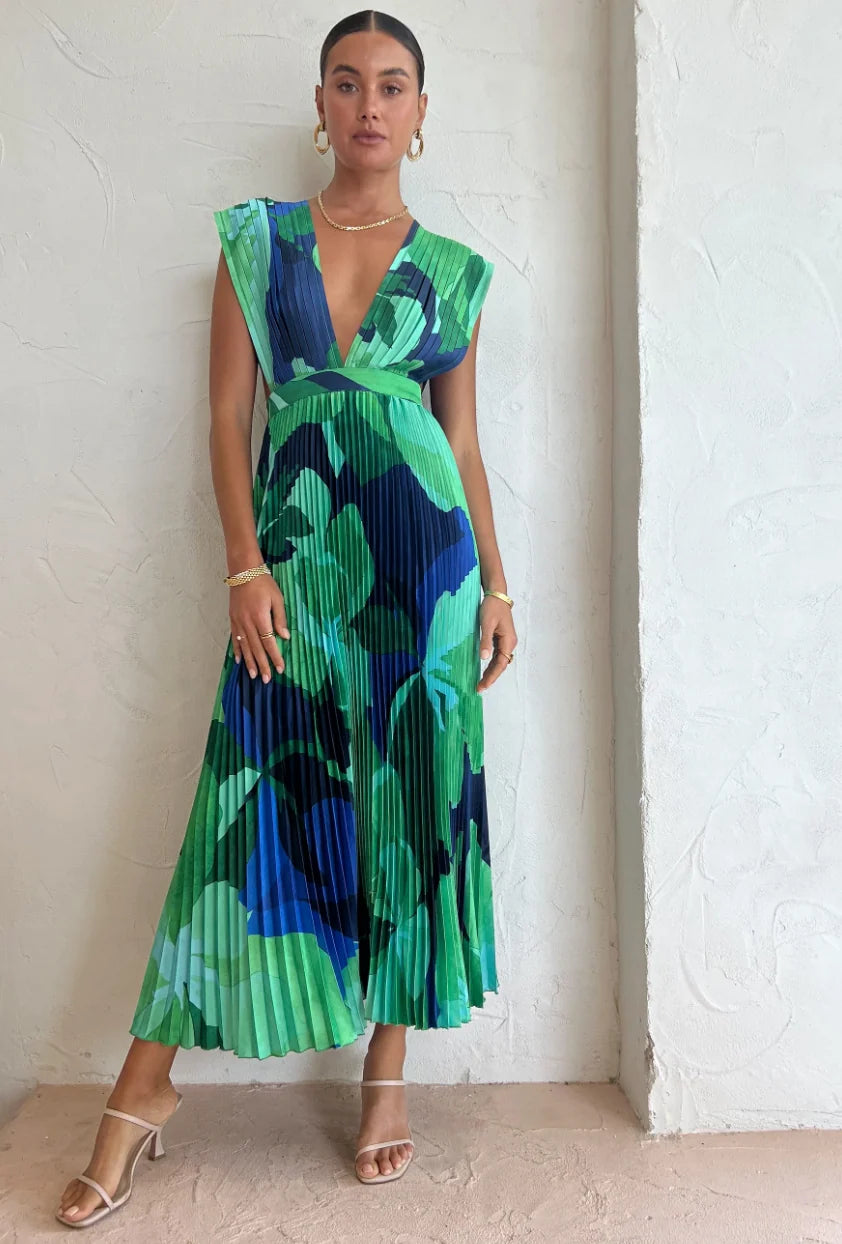 Evangelina™ | Vestido Plisado En Tonos Azules