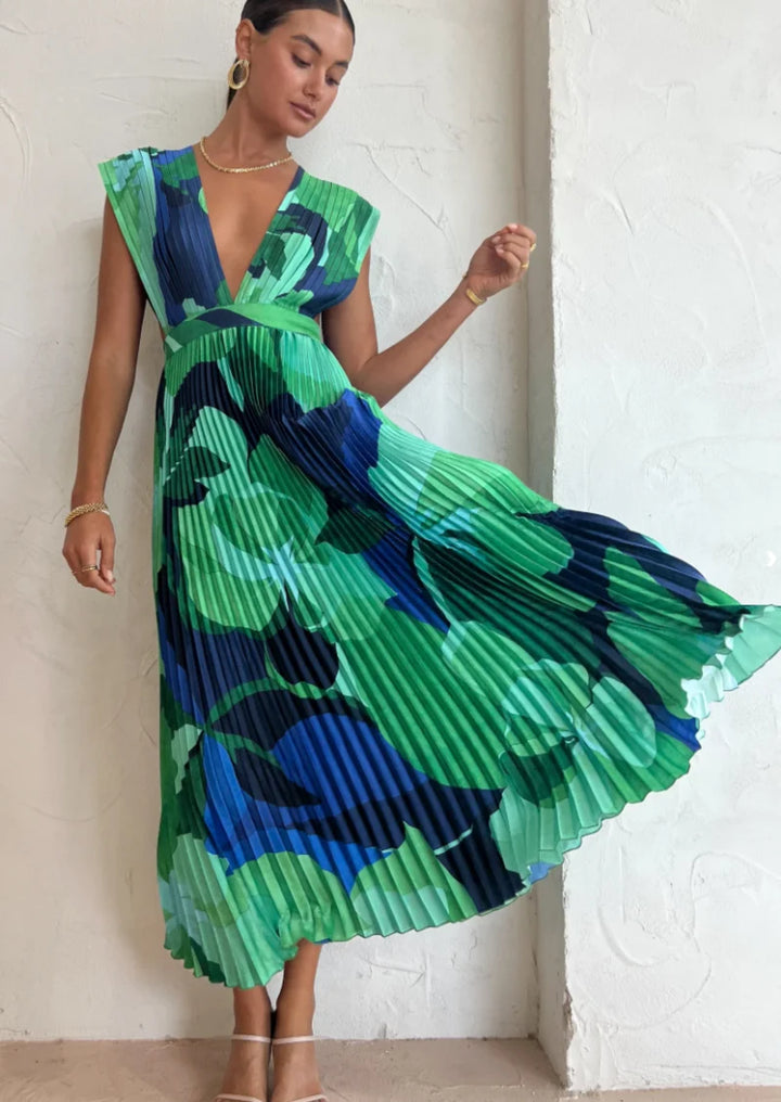Evangelina™ | Vestido Plisado En Tonos Azules