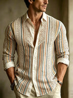 CAMISA CASUAL DE LINO CON DISEÑO DE RAYAS y ENCAJE PATCHWORK
