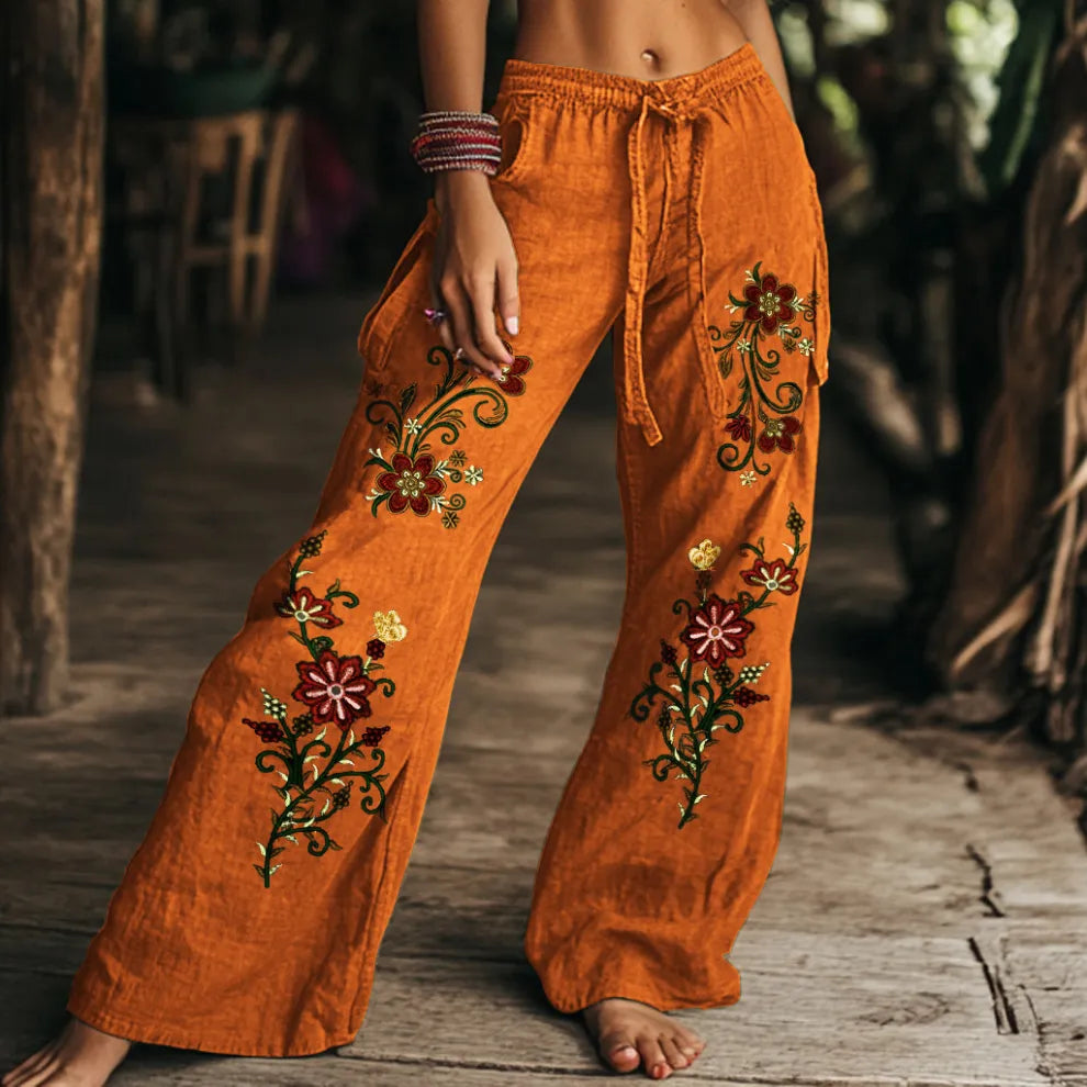 Pantalones Anchos De Algodón Y Lino Con Estampado Floral Vintage