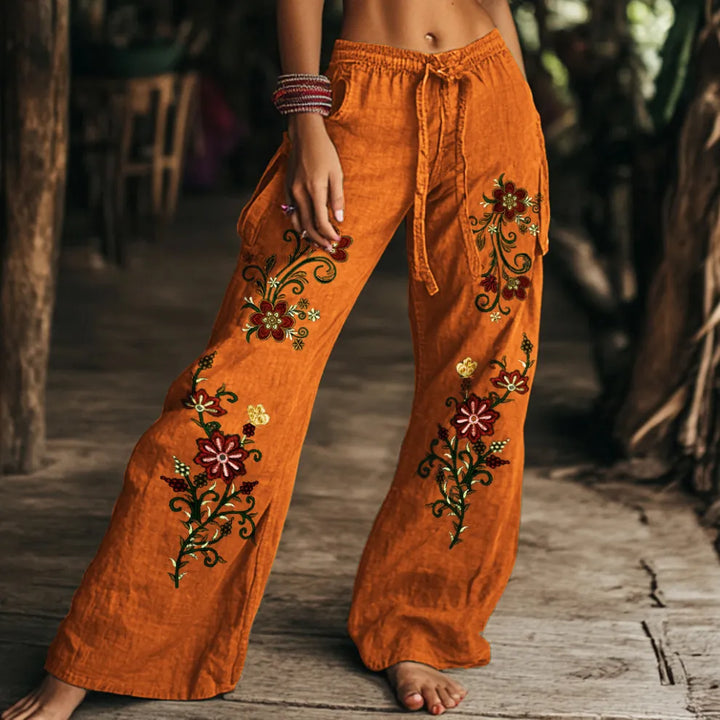 Pantalones Anchos De Algodón Y Lino Con Estampado Floral Vintage