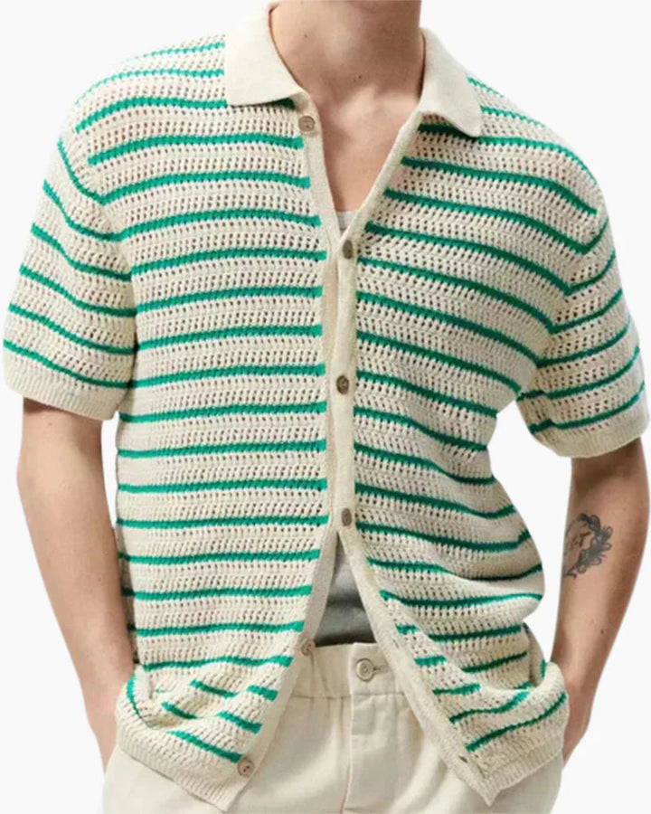 Polo Masculino De Punto Crochet A Rayas Con Botones - Camisa De Verano