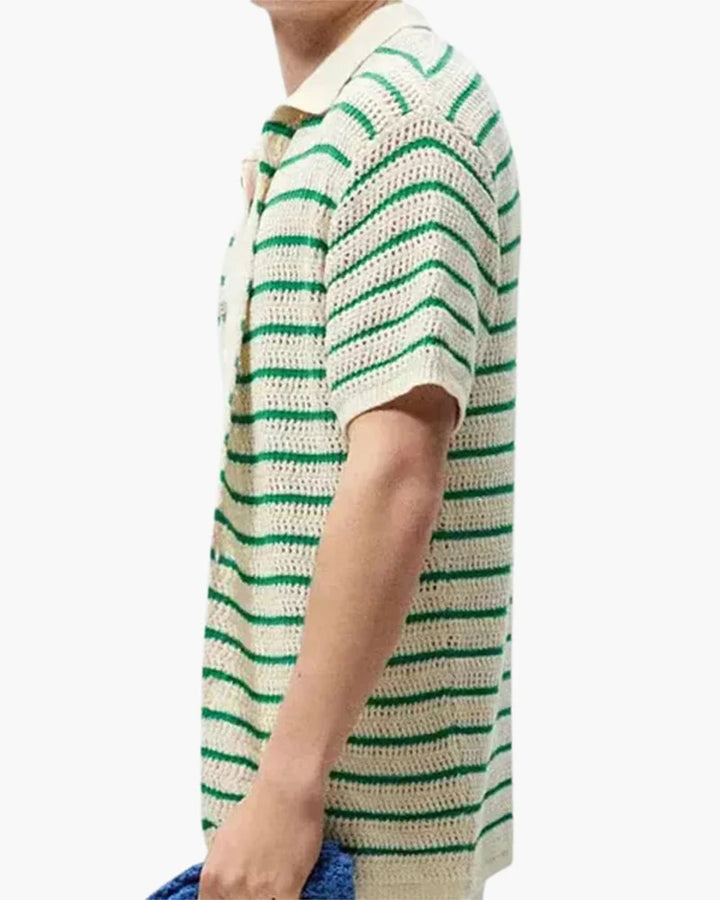 Polo Masculino De Punto Crochet A Rayas Con Botones - Camisa De Verano