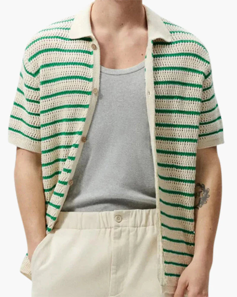 Polo Masculino De Punto Crochet A Rayas Con Botones - Camisa De Verano