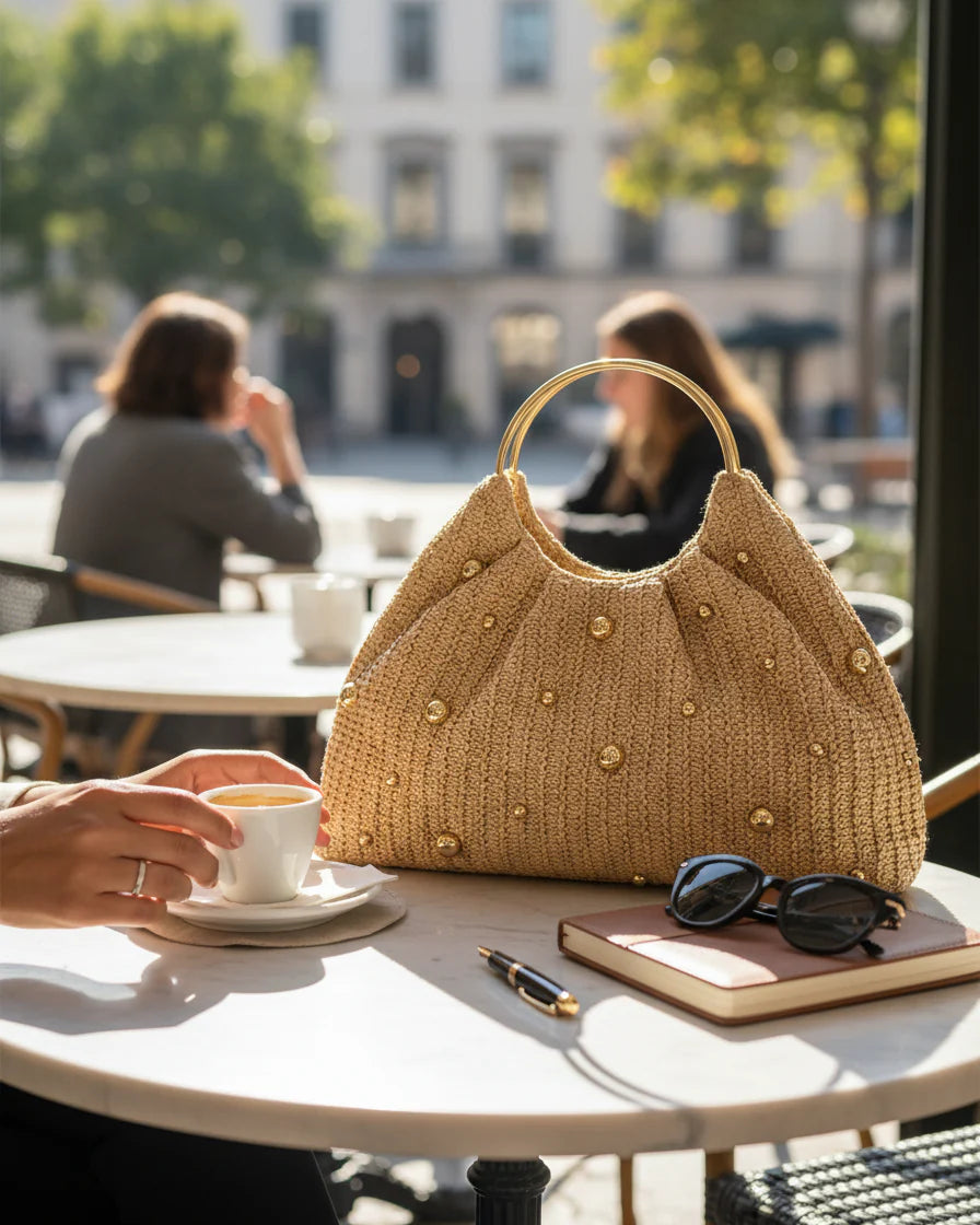 Bolso De Rafia Artesanal Con Tachuelas Y Asa Anillo Dorado Escultural