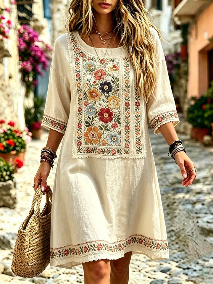 Vestido Feminino de Férias Retro Minimalista em Algodão e Linho
