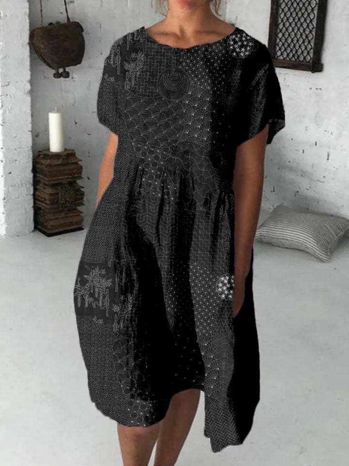 Vestido Midi De Lino Con Estampado Tradicional Japonés Sashiko