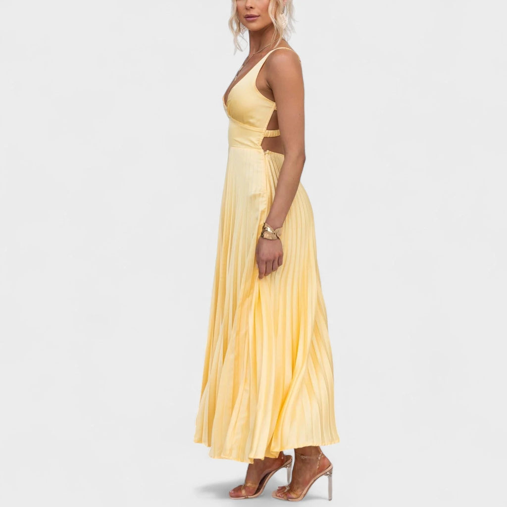 Abia - vestido maxi amarillo plisado