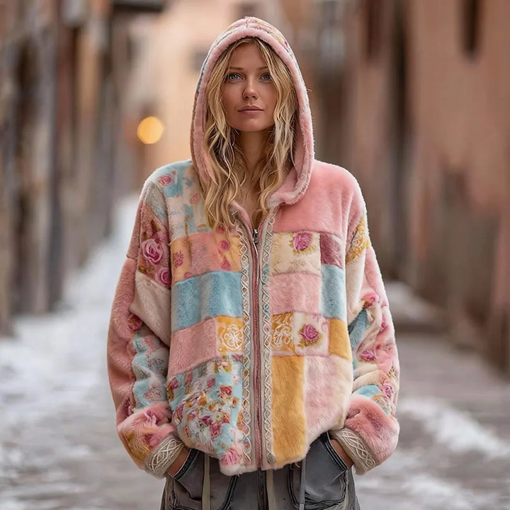 Sudadera Con Capucha Y Cremallera De Felpa Con Estampado Floral Y Nudo Celta Retro Para Mujer